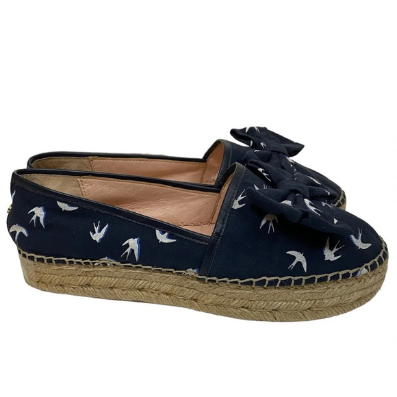 Kate Spade Navy Blue Swallow Bird Print Bow  Platform Espadrille Sandals … - Picture 2 of 8